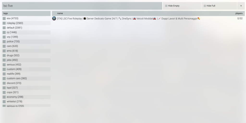 Uno screenshot del client FiveM (GTAV) con la ricerca del server LSC Five