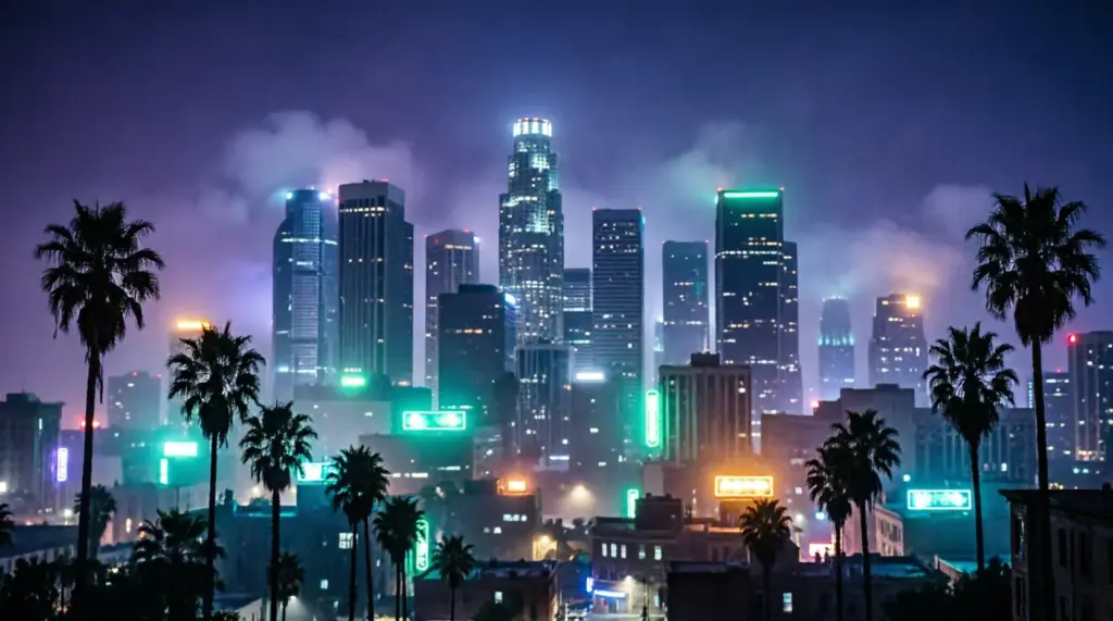 SixM e roleplay su GTA 6: skyline notturno di una metropoli con palme e neon